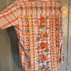 Tolani Coral Western Shirt with Intricate Embroidery